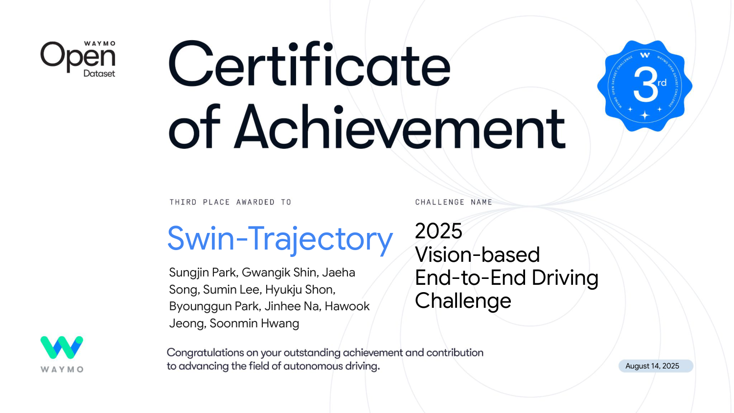 Waymo 2025 third-place certificate